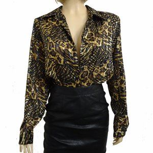 Vintage Yves Clair Blouse Multi Color Black Tan Gold Size 14